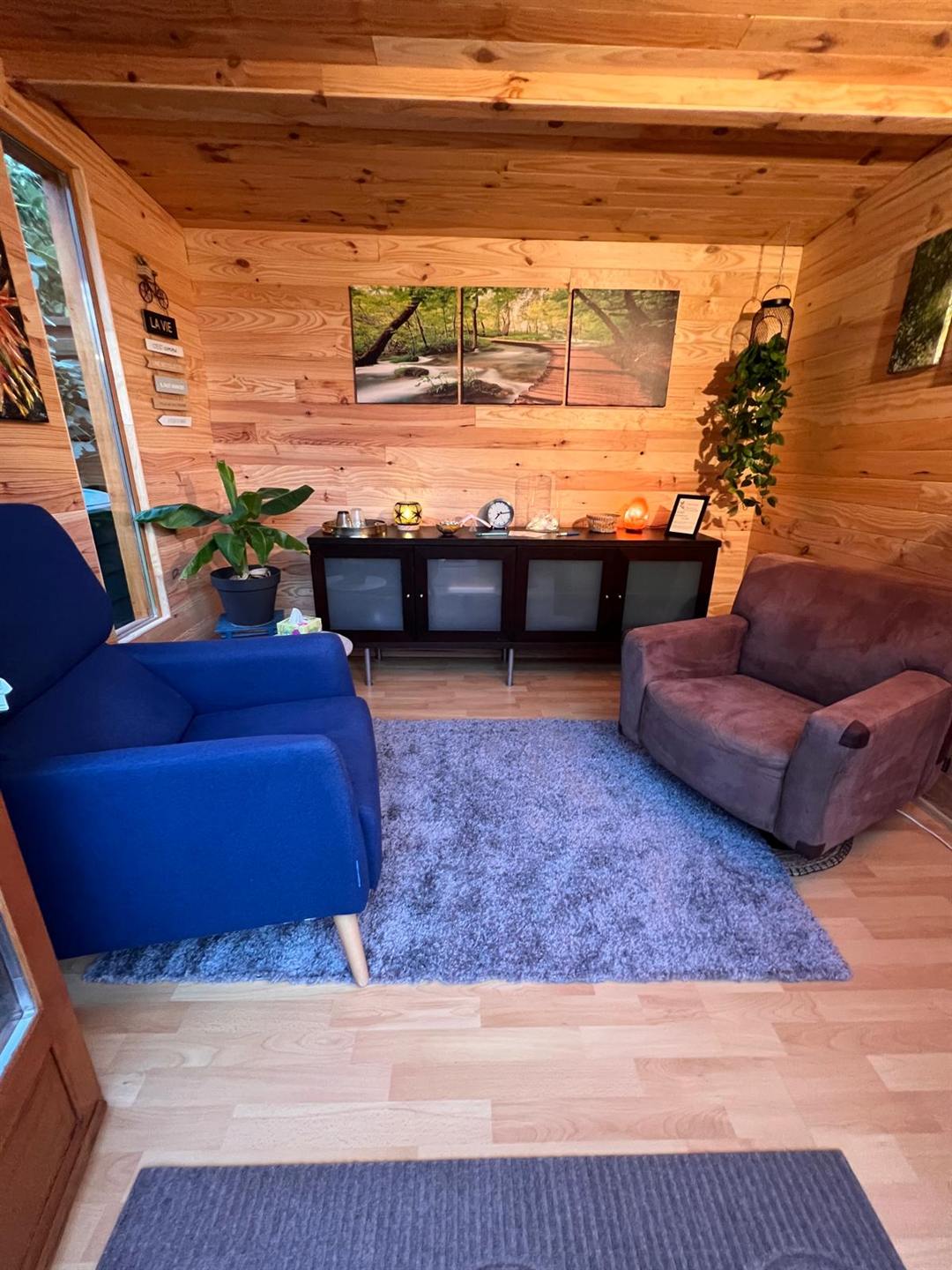 Vue du cabinet avec fauteuil bleu et d&eacute;coration murale