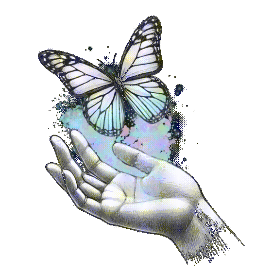 Logo de la thérapeute, c'est une main d'où sortent des bulles redonnant de la couleur au papillon qui vole au dessus